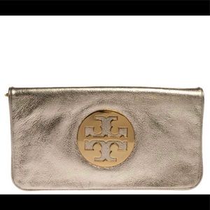 Tory Burch Metallic Gold Leather Reva Chain Clutch